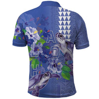 Hawaii Aloha Turtle Hibiscus and Leaves Polo Shirt with Polynesian and Kakau Tattoos Denim Color - Polynesian Pride
