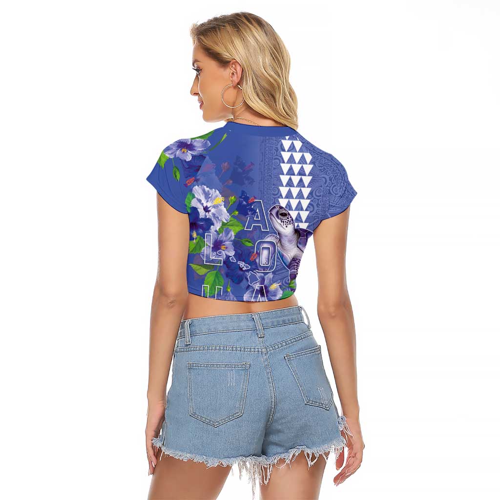 Hawaii Aloha Turtle Hibiscus and Leaves Raglan Cropped T Shirt with Polynesian and Kakau Tattoos Denim Color - Polynesian Pride