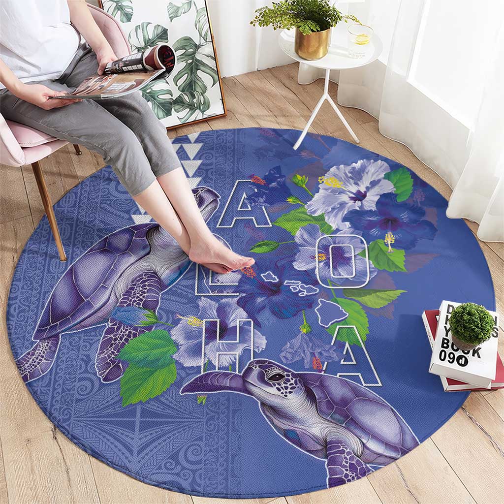 Hawaii Aloha Turtle Hibiscus and Leaves Round Carpet with Polynesian and Kakau Tattoos Denim Color - Polynesian Pride