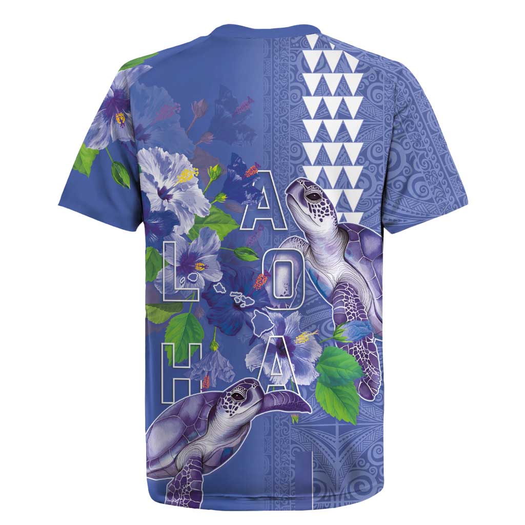 Hawaii Aloha Turtle Hibiscus and Leaves Rugby Jersey with Polynesian and Kakau Tattoos Denim Color - Polynesian Pride