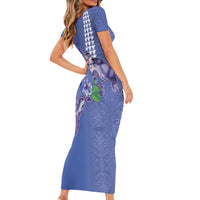 Hawaii Aloha Turtle Hibiscus and Leaves Short Sleeve Bodycon Dress with Polynesian and Kakau Tattoos Denim Color LT03 - Polynesian Pride
