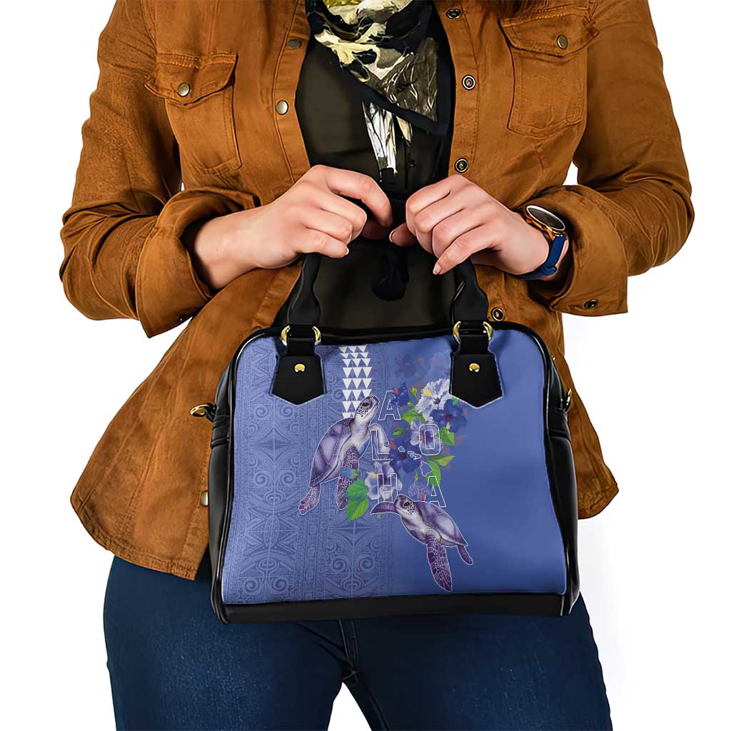 Hawaii Aloha Turtle Hibiscus and Leaves Shoulder Handbag with Polynesian and Kakau Tattoos Denim Color - Polynesian Pride