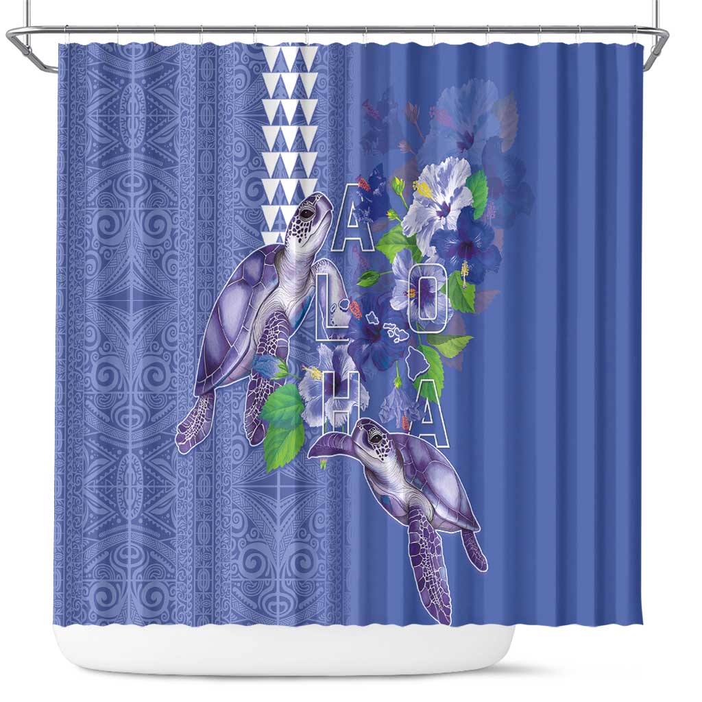 Hawaii Aloha Turtle Hibiscus and Leaves Shower Curtain with Polynesian and Kakau Tattoos Denim Color - Polynesian Pride