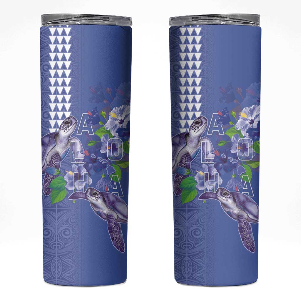 Hawaii Aloha Turtle Hibiscus and Leaves Skinny Tumbler with Polynesian and Kakau Tattoos Denim Color - Polynesian Pride