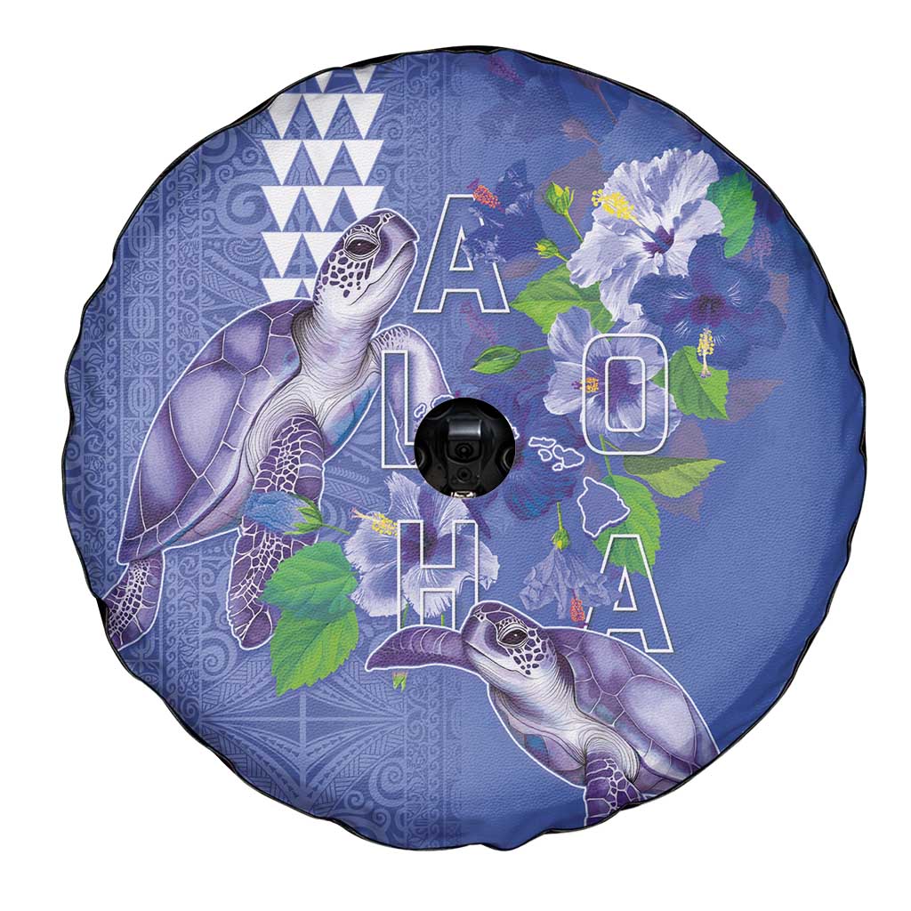 Hawaii Aloha Turtle Hibiscus and Leaves Spare Tire Cover with Polynesian and Kakau Tattoos Denim Color - Polynesian Pride