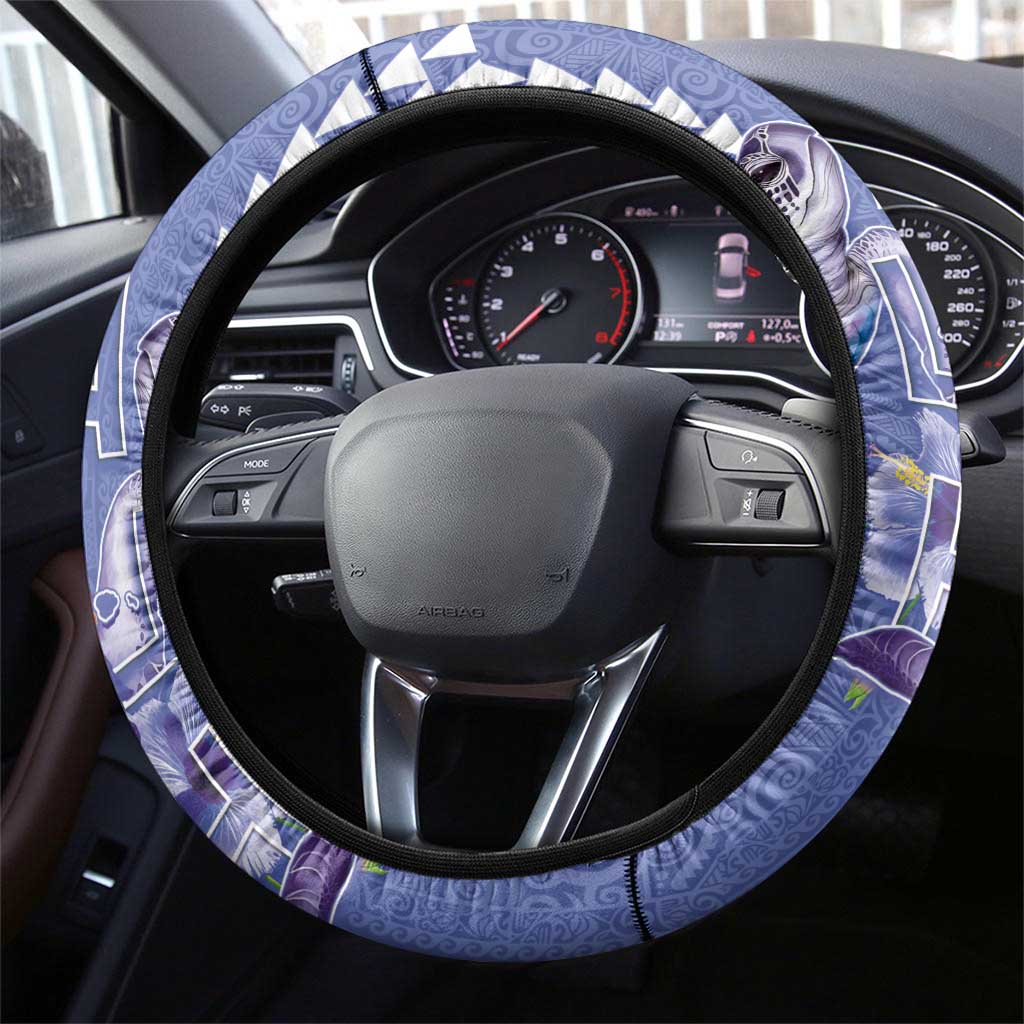 Hawaii Aloha Turtle Hibiscus and Leaves Steering Wheel Cover with Polynesian and Kakau Tattoos Denim Color - Polynesian Pride
