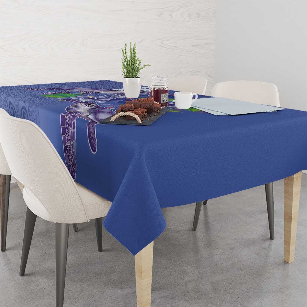 Hawaii Aloha Turtle Hibiscus and Leaves Tablecloth with Polynesian and Kakau Tattoos Denim Color - Polynesian Pride