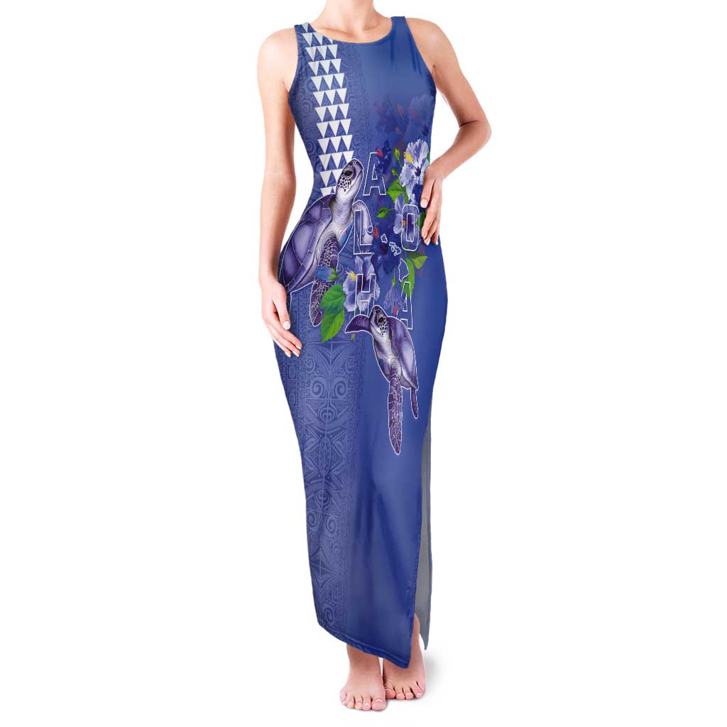 Hawaii Aloha Turtle Hibiscus and Leaves Tank Maxi Dress with Polynesian and Kakau Tattoos Denim Color - Polynesian Pride