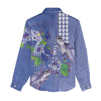 Hawaii Aloha Turtle Hibiscus and Leaves Women Casual Shirt with Polynesian and Kakau Tattoos Denim Color - Polynesian Pride