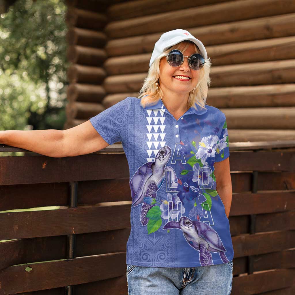 Hawaii Aloha Turtle Hibiscus and Leaves Women Polo Shirt with Polynesian and Kakau Tattoos Denim Color LT03 - Polynesian Pride