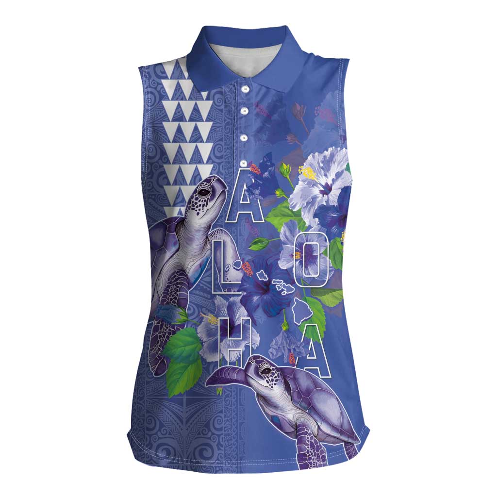 Hawaii Aloha Turtle Hibiscus and Leaves Women Sleeveless Polo Shirt with Polynesian and Kakau Tattoos Denim Color LT03 Female Blue - Polynesian Pride