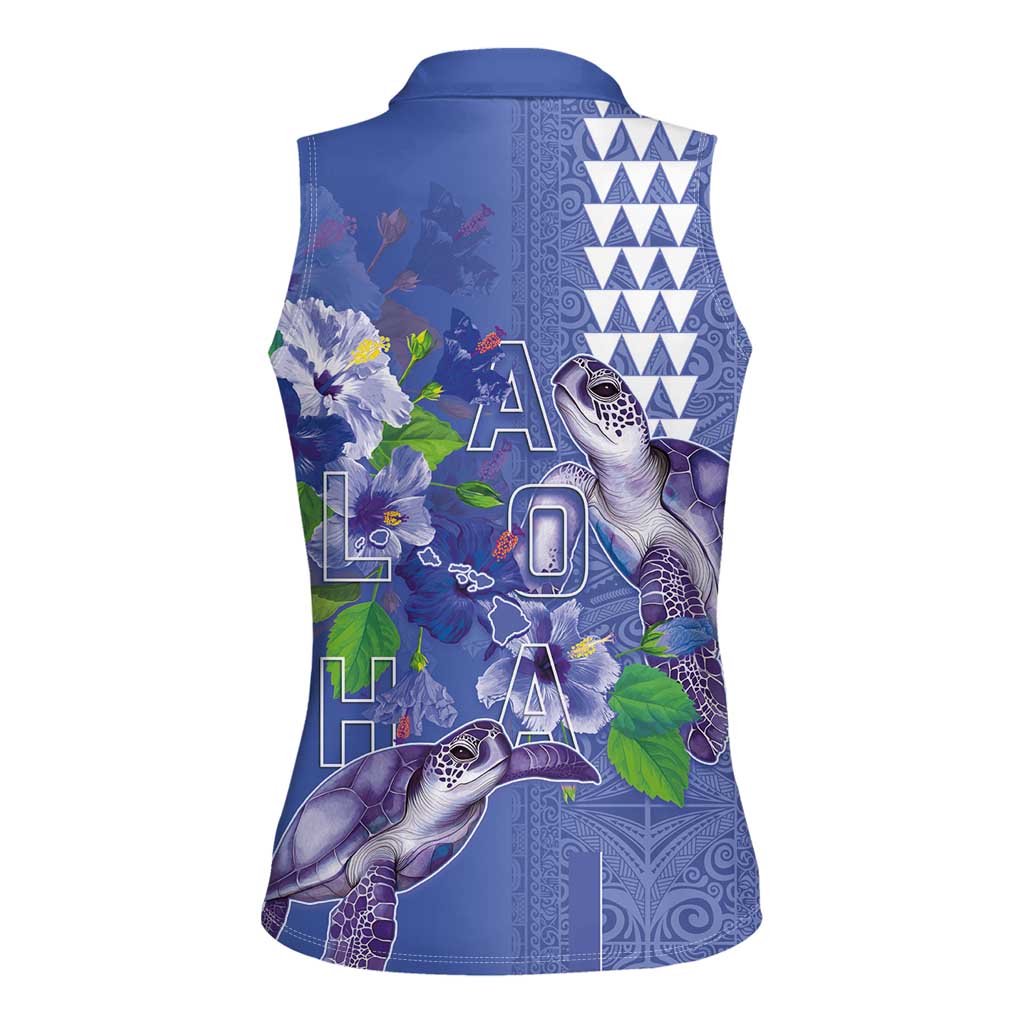 Hawaii Aloha Turtle Hibiscus and Leaves Women Sleeveless Polo Shirt with Polynesian and Kakau Tattoos Denim Color LT03 - Polynesian Pride