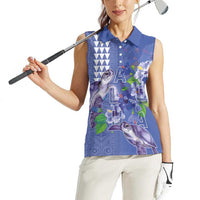 Hawaii Aloha Turtle Hibiscus and Leaves Women Sleeveless Polo Shirt with Polynesian and Kakau Tattoos Denim Color LT03 - Polynesian Pride