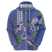Hawaii Aloha Turtle Hibiscus and Leaves Zip Hoodie with Polynesian and Kakau Tattoos Denim Color - Polynesian Pride