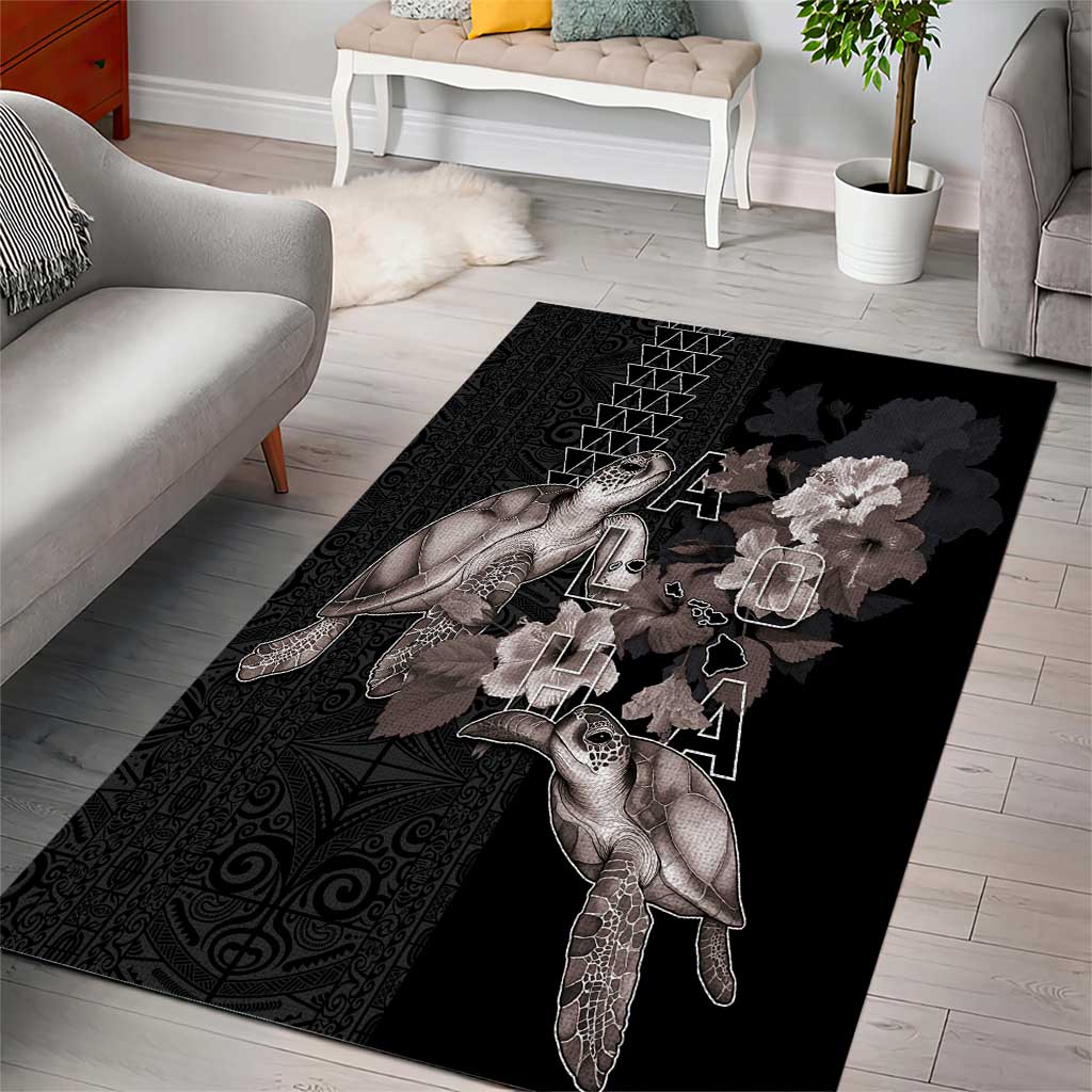 Hawaii Aloha Turtle Hibiscus and Leaves Area Rug with Polynesian and Kakau Tattoos Black Color - Polynesian Pride