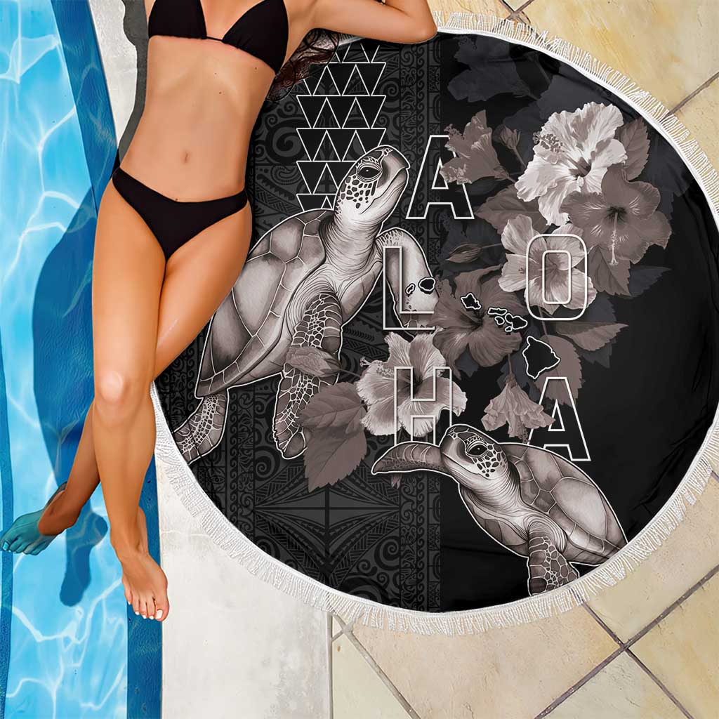 Hawaii Aloha Turtle Hibiscus and Leaves Beach Blanket with Polynesian and Kakau Tattoos Black Color - Polynesian Pride