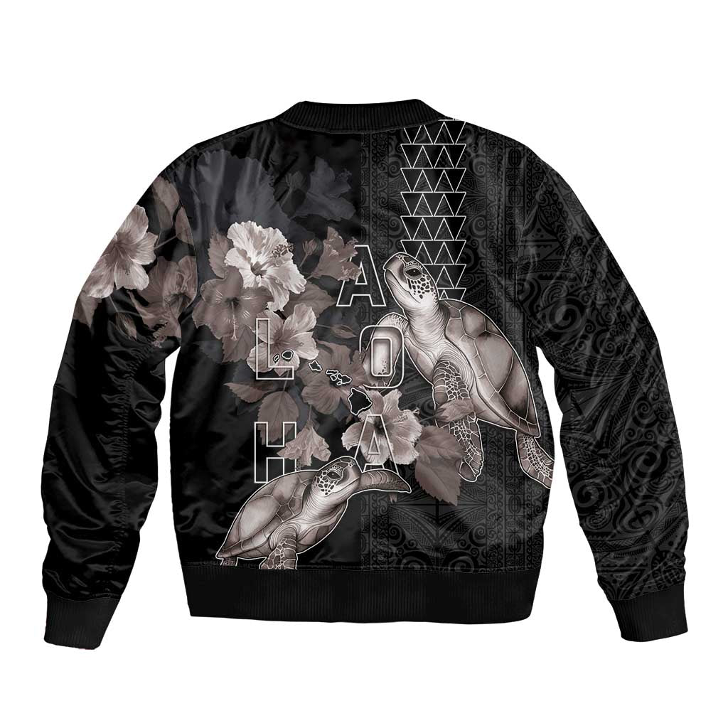Hawaii Aloha Turtle Hibiscus and Leaves Bomber Jacket with Polynesian and Kakau Tattoos Black Color - Polynesian Pride