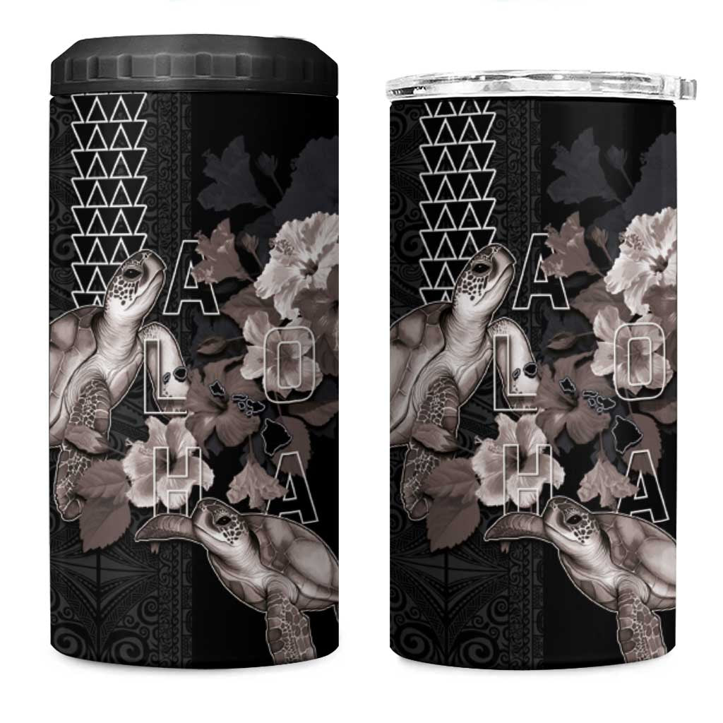 Hawaii Aloha Turtle Hibiscus and Leaves 4 in 1 Can Cooler Tumbler with Polynesian and Kakau Tattoos Black Color - Polynesian Pride