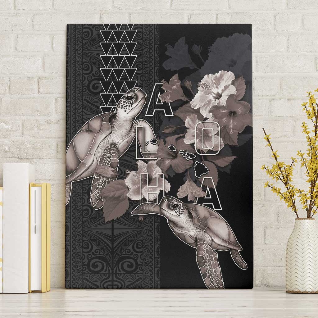Hawaii Aloha Turtle Hibiscus and Leaves Canvas Wall Art with Polynesian and Kakau Tattoos Black Color - Polynesian Pride