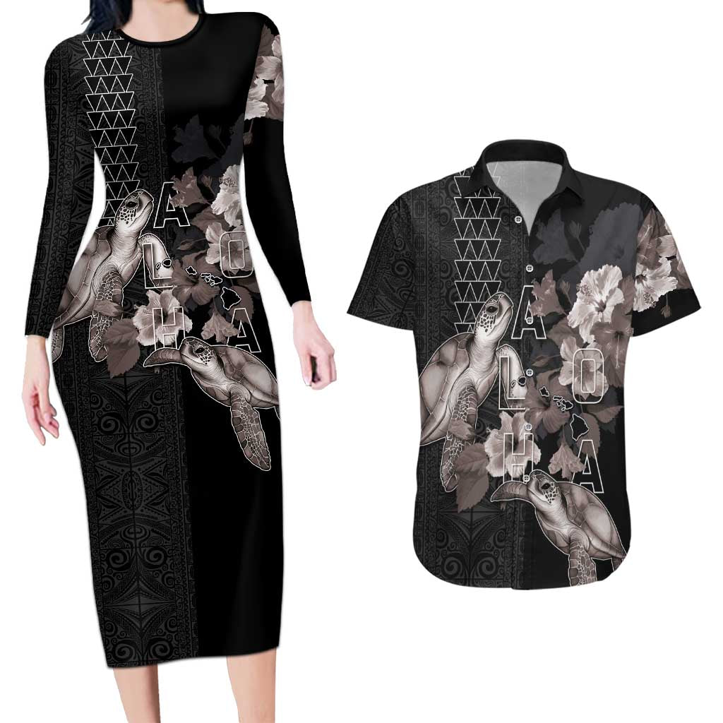 Hawaii Aloha Turtle Hibiscus and Leaves Couples Matching Long Sleeve Bodycon Dress and Hawaiian Shirt with Polynesian and Kakau Tattoos Black Color LT03 Black - Polynesian Pride