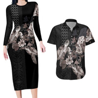Hawaii Aloha Turtle Hibiscus and Leaves Couples Matching Long Sleeve Bodycon Dress and Hawaiian Shirt with Polynesian and Kakau Tattoos Black Color LT03 Black - Polynesian Pride