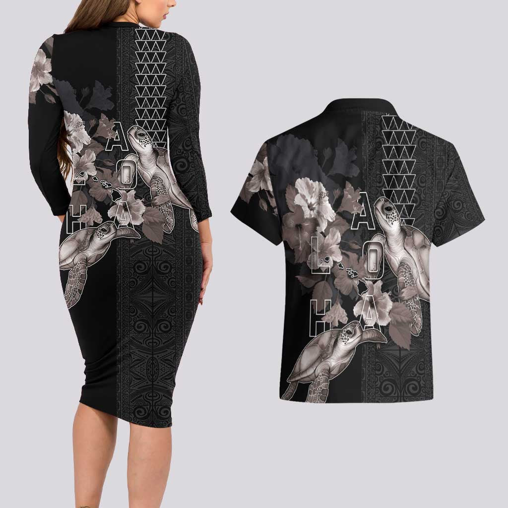 Hawaii Aloha Turtle Hibiscus and Leaves Couples Matching Long Sleeve Bodycon Dress and Hawaiian Shirt with Polynesian and Kakau Tattoos Black Color LT03 - Polynesian Pride