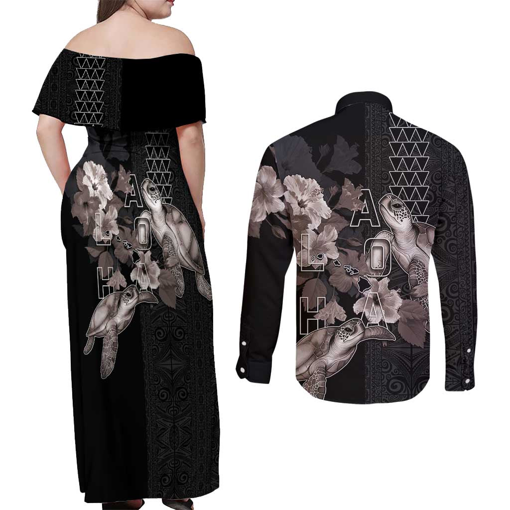Hawaii Aloha Turtle Hibiscus and Leaves Couples Matching Off Shoulder Maxi Dress and Long Sleeve Button Shirt with Polynesian and Kakau Tattoos Black Color LT03 - Polynesian Pride