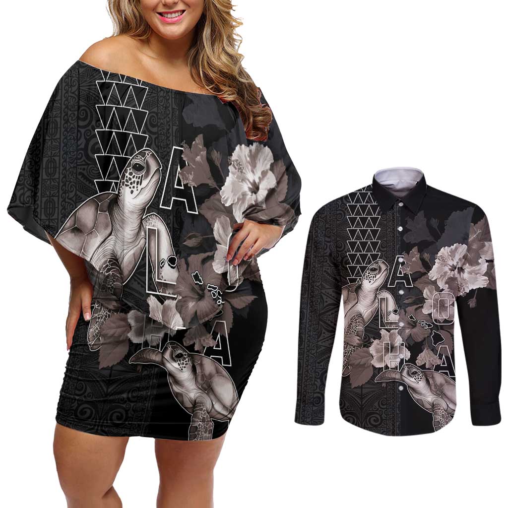 Hawaii Aloha Turtle Hibiscus and Leaves Couples Matching Off Shoulder Short Dress and Long Sleeve Button Shirt with Polynesian and Kakau Tattoos Black Color - Polynesian Pride