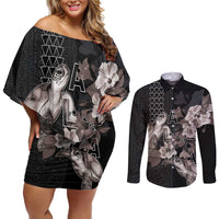 Hawaii Aloha Turtle Hibiscus and Leaves Couples Matching Off Shoulder Short Dress and Long Sleeve Button Shirt with Polynesian and Kakau Tattoos Black Color LT03 Black - Polynesian Pride