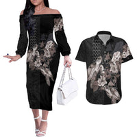 Hawaii Aloha Turtle Hibiscus and Leaves Couples Matching Off The Shoulder Long Sleeve Dress and Hawaiian Shirt with Polynesian and Kakau Tattoos Black Color - Polynesian Pride
