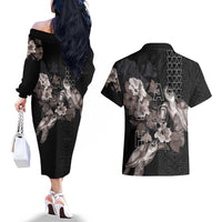 Hawaii Aloha Turtle Hibiscus and Leaves Couples Matching Off The Shoulder Long Sleeve Dress and Hawaiian Shirt with Polynesian and Kakau Tattoos Black Color - Polynesian Pride