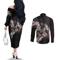 Hawaii Aloha Turtle Hibiscus and Leaves Couples Matching Off The Shoulder Long Sleeve Dress and Long Sleeve Button Shirt with Polynesian and Kakau Tattoos Black Color LT03 - Polynesian Pride
