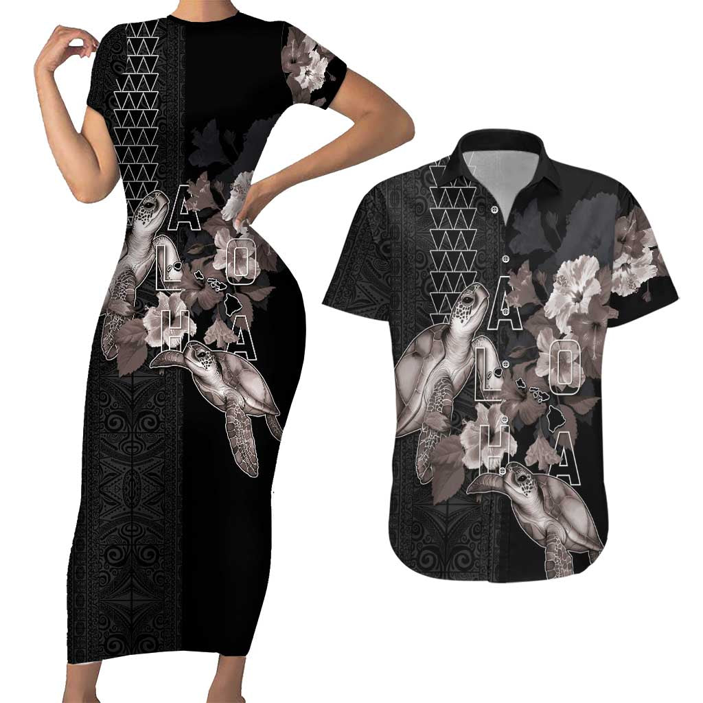 Hawaii Aloha Turtle Hibiscus and Leaves Couples Matching Short Sleeve Bodycon Dress and Hawaiian Shirt with Polynesian and Kakau Tattoos Black Color LT03 Black - Polynesian Pride