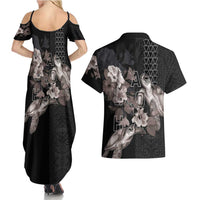Hawaii Aloha Turtle Hibiscus and Leaves Couples Matching Summer Maxi Dress and Hawaiian Shirt with Polynesian and Kakau Tattoos Black Color LT03 - Polynesian Pride