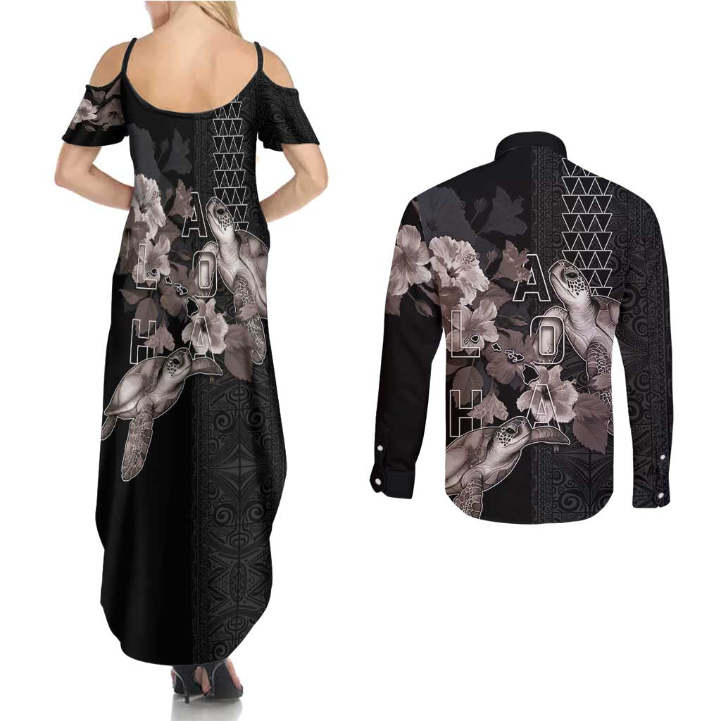 Hawaii Aloha Turtle Hibiscus and Leaves Couples Matching Summer Maxi Dress and Long Sleeve Button Shirt with Polynesian and Kakau Tattoos Black Color LT03 - Polynesian Pride