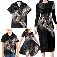 Hawaii Aloha Turtle Hibiscus and Leaves Family Matching Long Sleeve Bodycon Dress and Hawaiian Shirt with Polynesian and Kakau Tattoos Black Color LT03 - Polynesian Pride