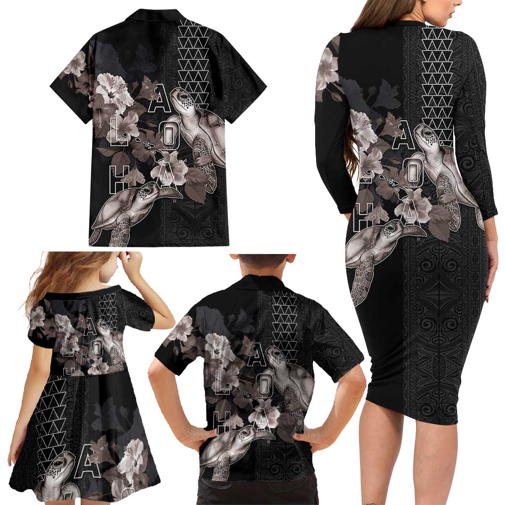 Hawaii Aloha Turtle Hibiscus and Leaves Family Matching Long Sleeve Bodycon Dress and Hawaiian Shirt with Polynesian and Kakau Tattoos Black Color LT03 - Polynesian Pride