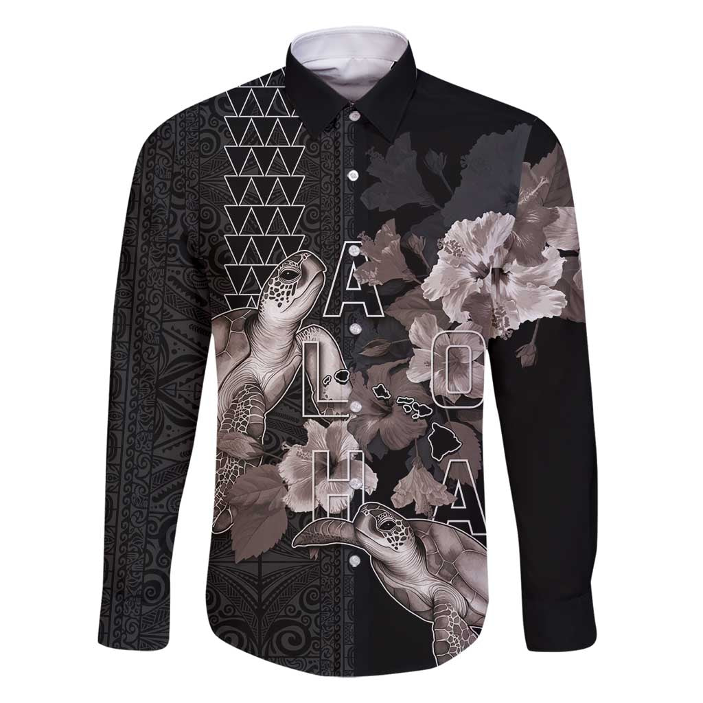 Hawaii Aloha Turtle Hibiscus and Leaves Family Matching Long Sleeve Bodycon Dress and Hawaiian Shirt with Polynesian and Kakau Tattoos Black Color LT03 Dad's Shirt - Long Sleeve Black - Polynesian Pride