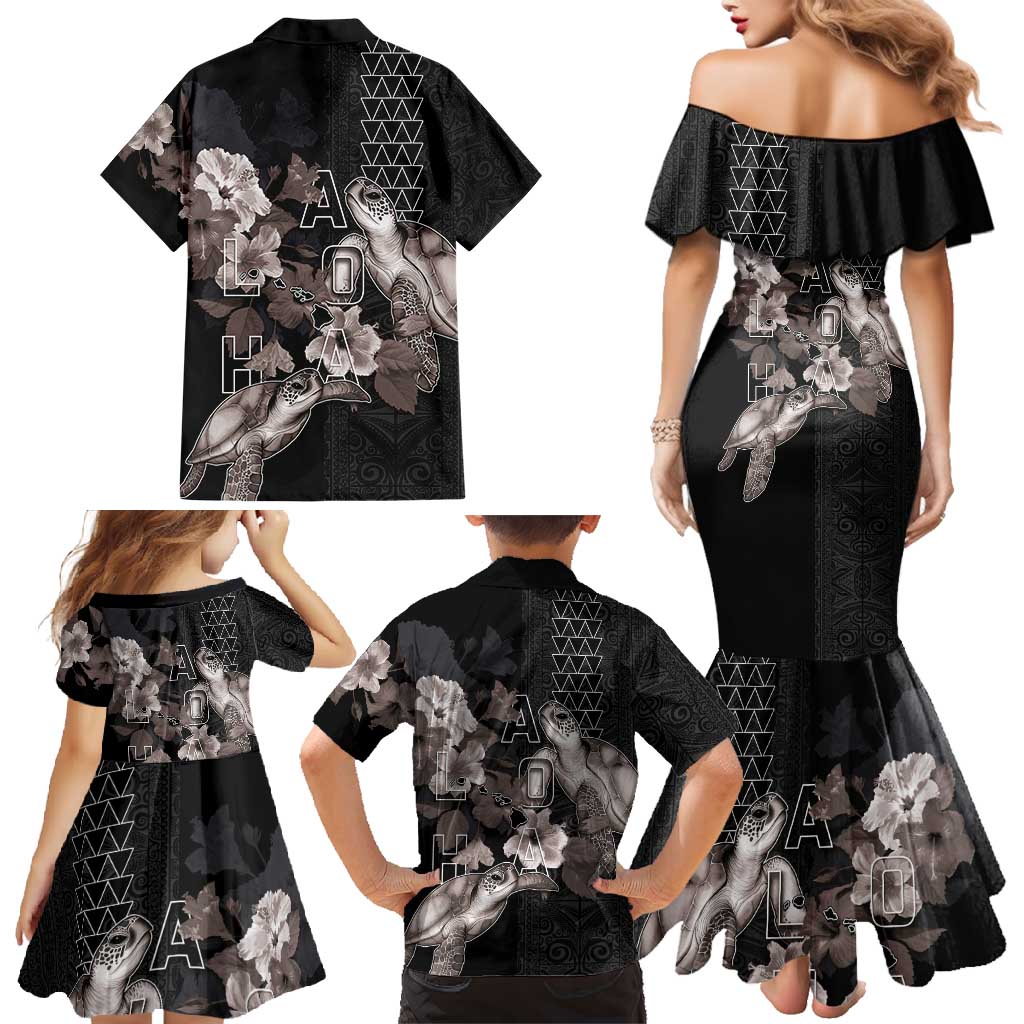 Hawaii Aloha Turtle Hibiscus and Leaves Family Matching Mermaid Dress and Hawaiian Shirt with Polynesian and Kakau Tattoos Black Color LT03 - Polynesian Pride