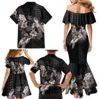 Hawaii Aloha Turtle Hibiscus and Leaves Family Matching Mermaid Dress and Hawaiian Shirt with Polynesian and Kakau Tattoos Black Color LT03 - Polynesian Pride
