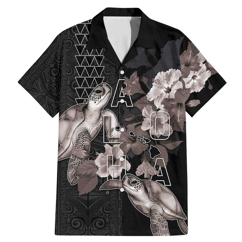 Hawaii Aloha Turtle Hibiscus and Leaves Family Matching Mermaid Dress and Hawaiian Shirt with Polynesian and Kakau Tattoos Black Color LT03 Dad's Shirt - Short Sleeve Black - Polynesian Pride