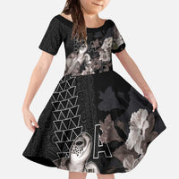 Hawaii Aloha Turtle Hibiscus and Leaves Family Matching Off The Shoulder Long Sleeve Dress and Hawaiian Shirt with Polynesian and Kakau Tattoos Black Color LT03 Daughter's Dress Black - Polynesian Pride