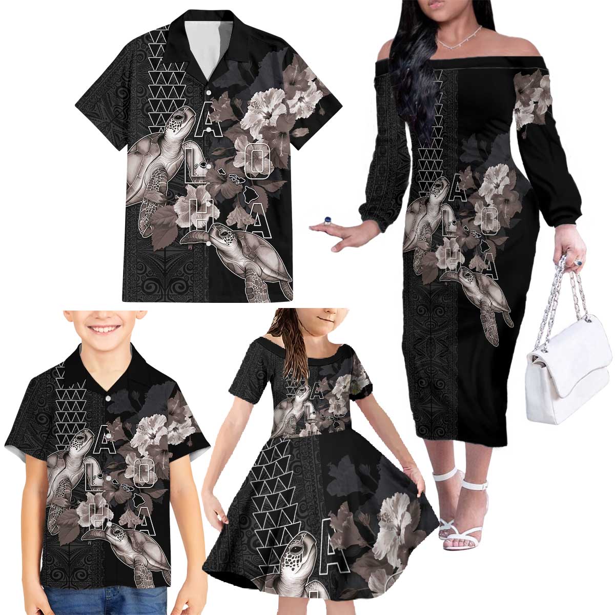 Hawaii Aloha Turtle Hibiscus and Leaves Family Matching Off The Shoulder Long Sleeve Dress and Hawaiian Shirt with Polynesian and Kakau Tattoos Black Color LT03 - Polynesian Pride