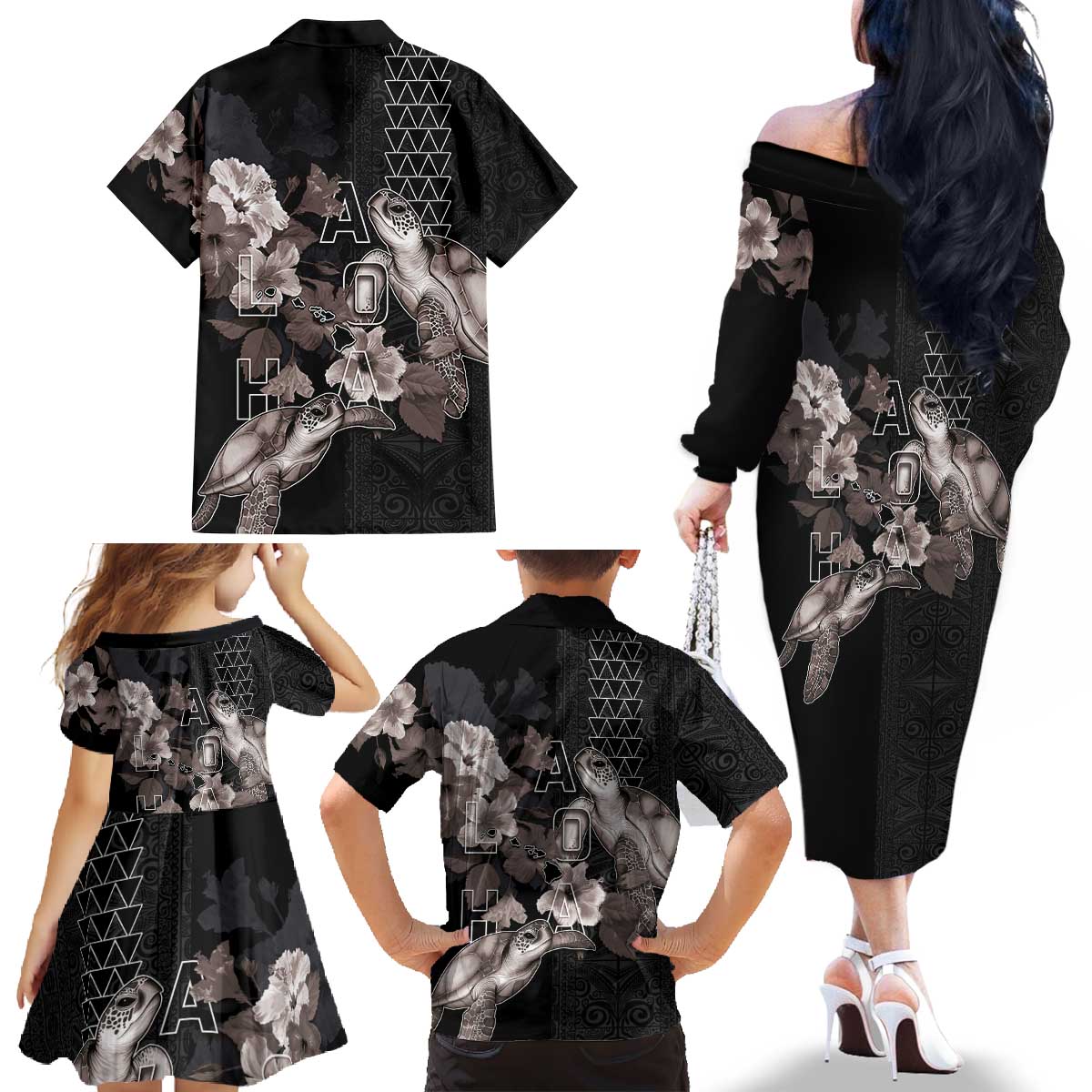 Hawaii Aloha Turtle Hibiscus and Leaves Family Matching Off The Shoulder Long Sleeve Dress and Hawaiian Shirt with Polynesian and Kakau Tattoos Black Color LT03 - Polynesian Pride