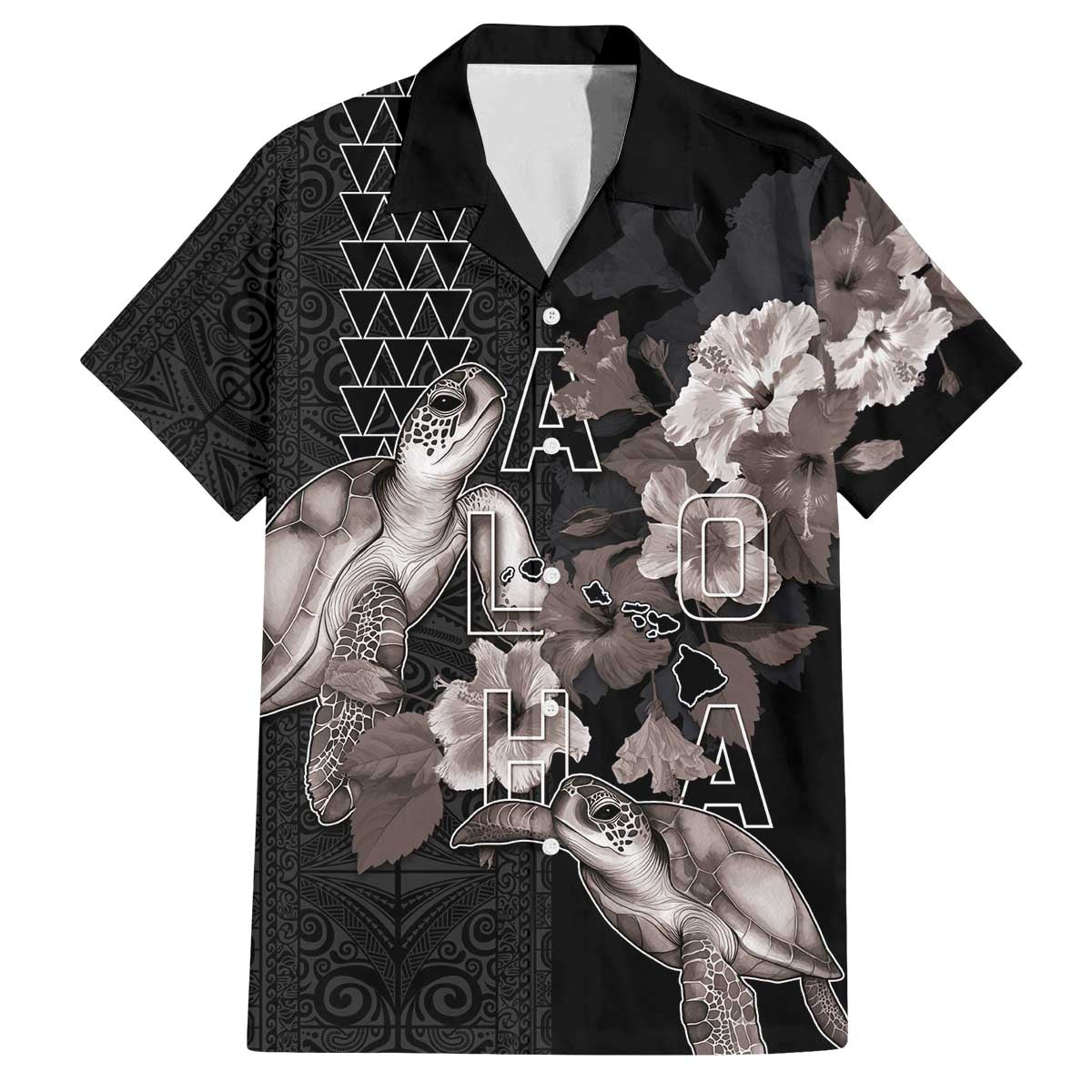 Hawaii Aloha Turtle Hibiscus and Leaves Family Matching Off The Shoulder Long Sleeve Dress and Hawaiian Shirt with Polynesian and Kakau Tattoos Black Color LT03 Dad's Shirt - Short Sleeve Black - Polynesian Pride