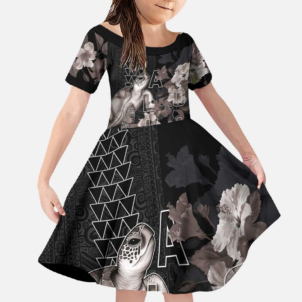 Hawaii Aloha Turtle Hibiscus and Leaves Family Matching Off Shoulder Maxi Dress and Hawaiian Shirt with Polynesian and Kakau Tattoos Black Color LT03 Daughter's Dress Black - Polynesian Pride