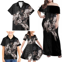 Hawaii Aloha Turtle Hibiscus and Leaves Family Matching Off Shoulder Maxi Dress and Hawaiian Shirt with Polynesian and Kakau Tattoos Black Color LT03 - Polynesian Pride