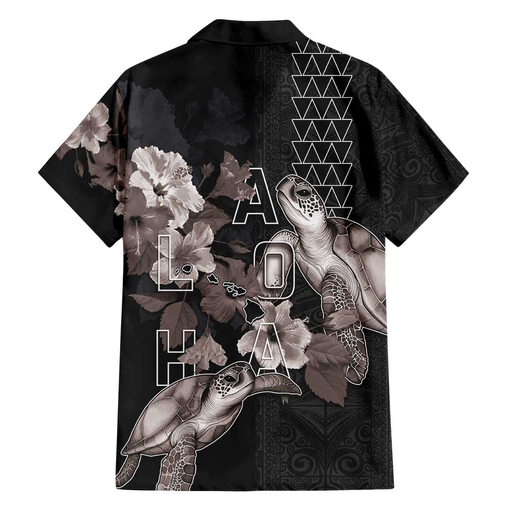 Hawaii Aloha Turtle Hibiscus and Leaves Family Matching Off Shoulder Maxi Dress and Hawaiian Shirt with Polynesian and Kakau Tattoos Black Color LT03 - Polynesian Pride