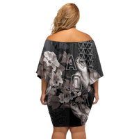 Hawaii Aloha Turtle Hibiscus and Leaves Family Matching Off Shoulder Short Dress and Hawaiian Shirt with Polynesian and Kakau Tattoos Black Color LT03 - Polynesian Pride