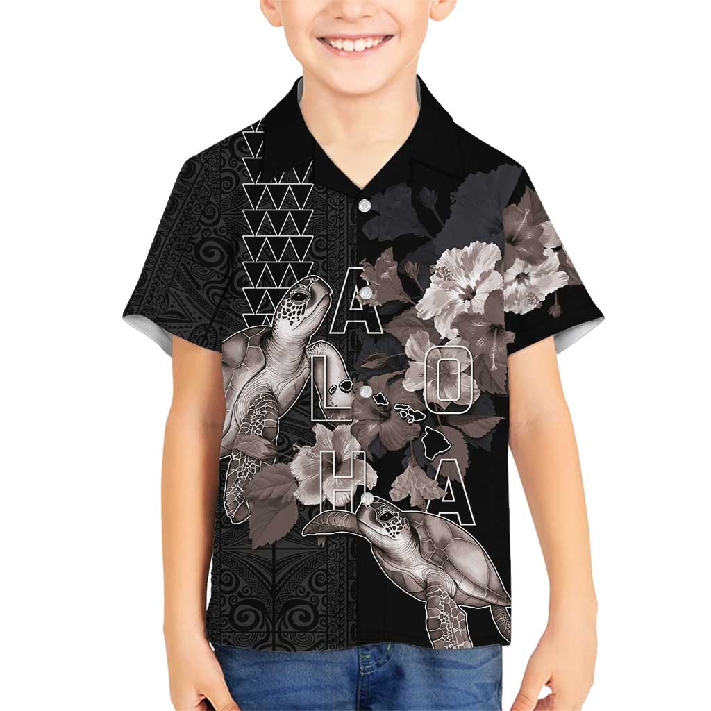Hawaii Aloha Turtle Hibiscus and Leaves Family Matching Off Shoulder Short Dress and Hawaiian Shirt with Polynesian and Kakau Tattoos Black Color LT03 Son's Shirt Black - Polynesian Pride